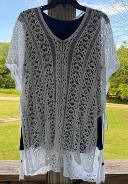 Boho Lagenlook Hippie Festival Coastal Grandma White Open Knit Crochet Tunic